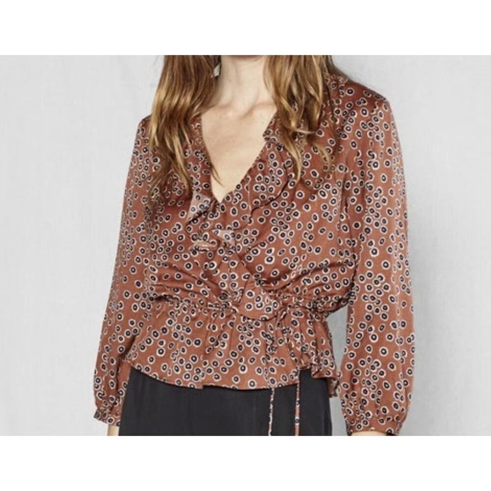 NWT Outerknown Rhiannon Ruffle Trim Tie Wrap Blouse Top Brown Women's Size XS